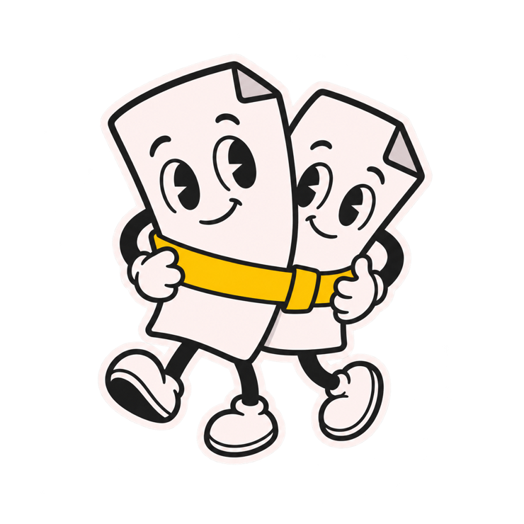 Two smiling paper characters held together with a yellow band